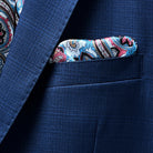 View of the built-in pocket square option for the royal blue suit.