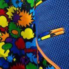 Inside view of the men's sapphire blue suit showing the colorful comics fancy lining with expressions like "wham!" and "pow!", bringing a playful element to the sophisticated attire.