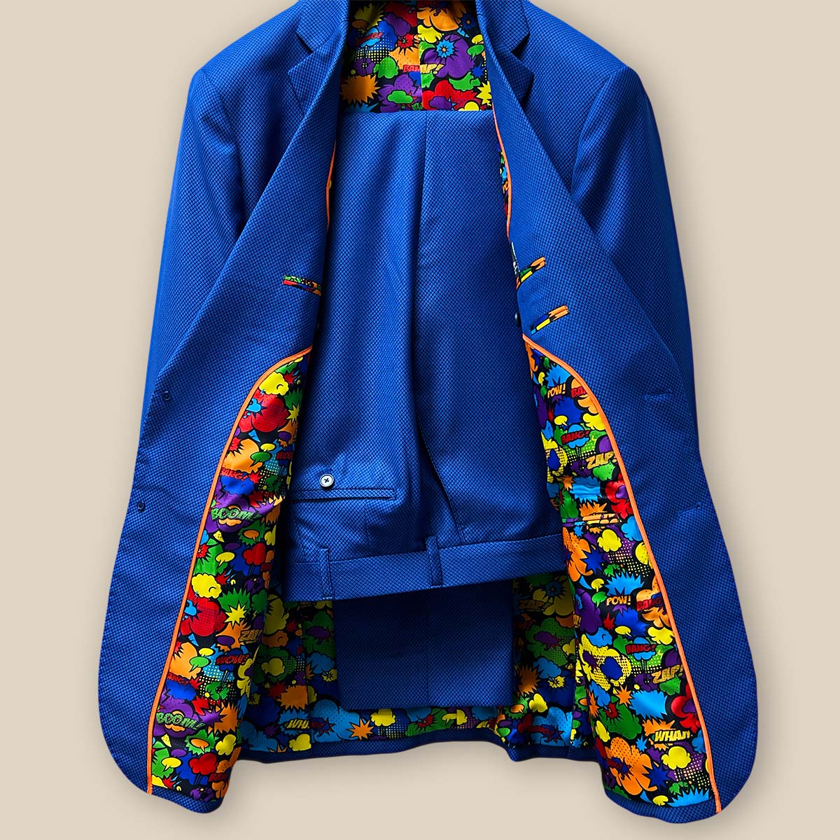 Full view of the two-piece sapphire blue men's suit by Westwood Hart, perfectly tailored for a modern, sophisticated look.