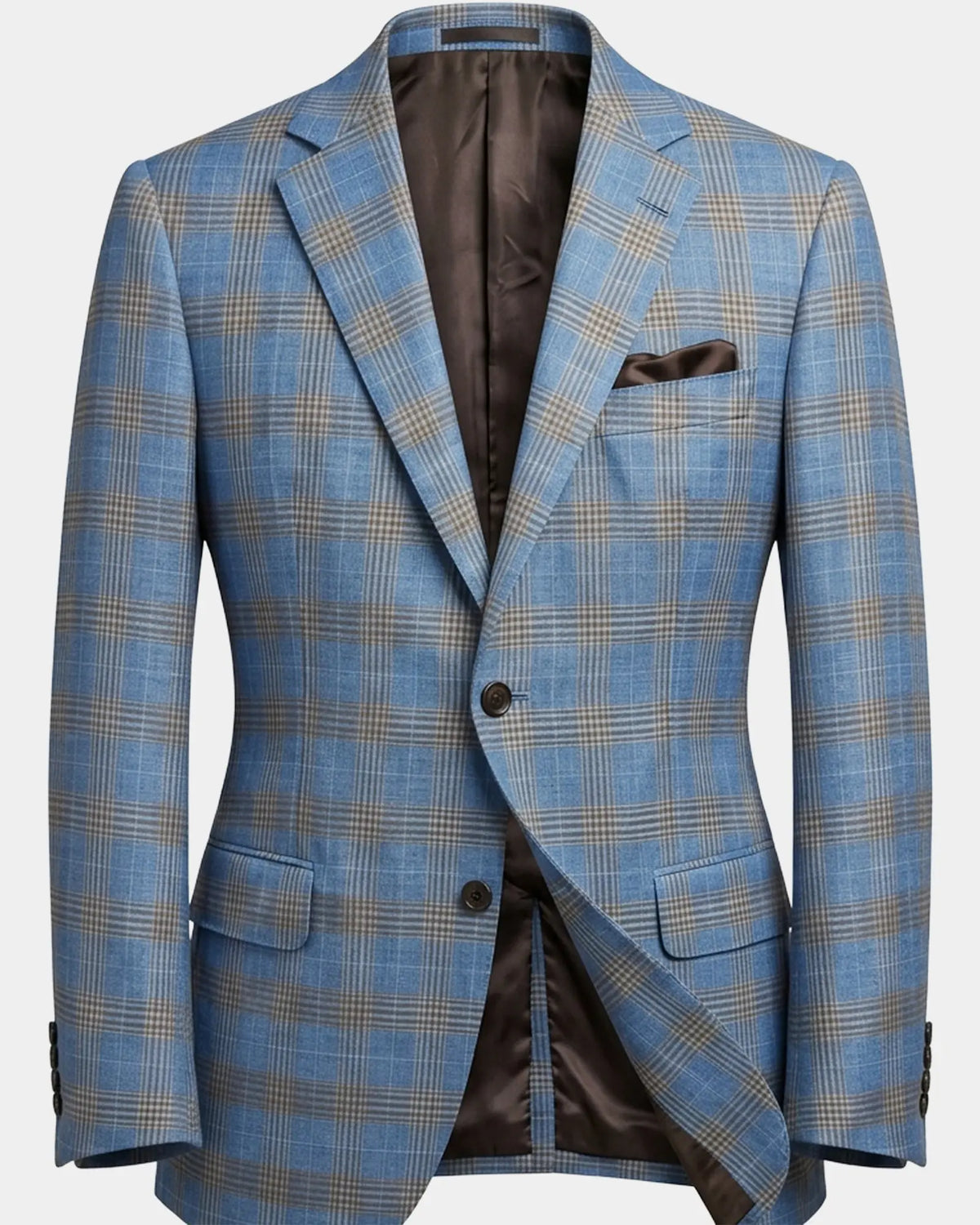 Full sport coat image of light blue with tobacco brown glen check men's sport coat showing the overall garment