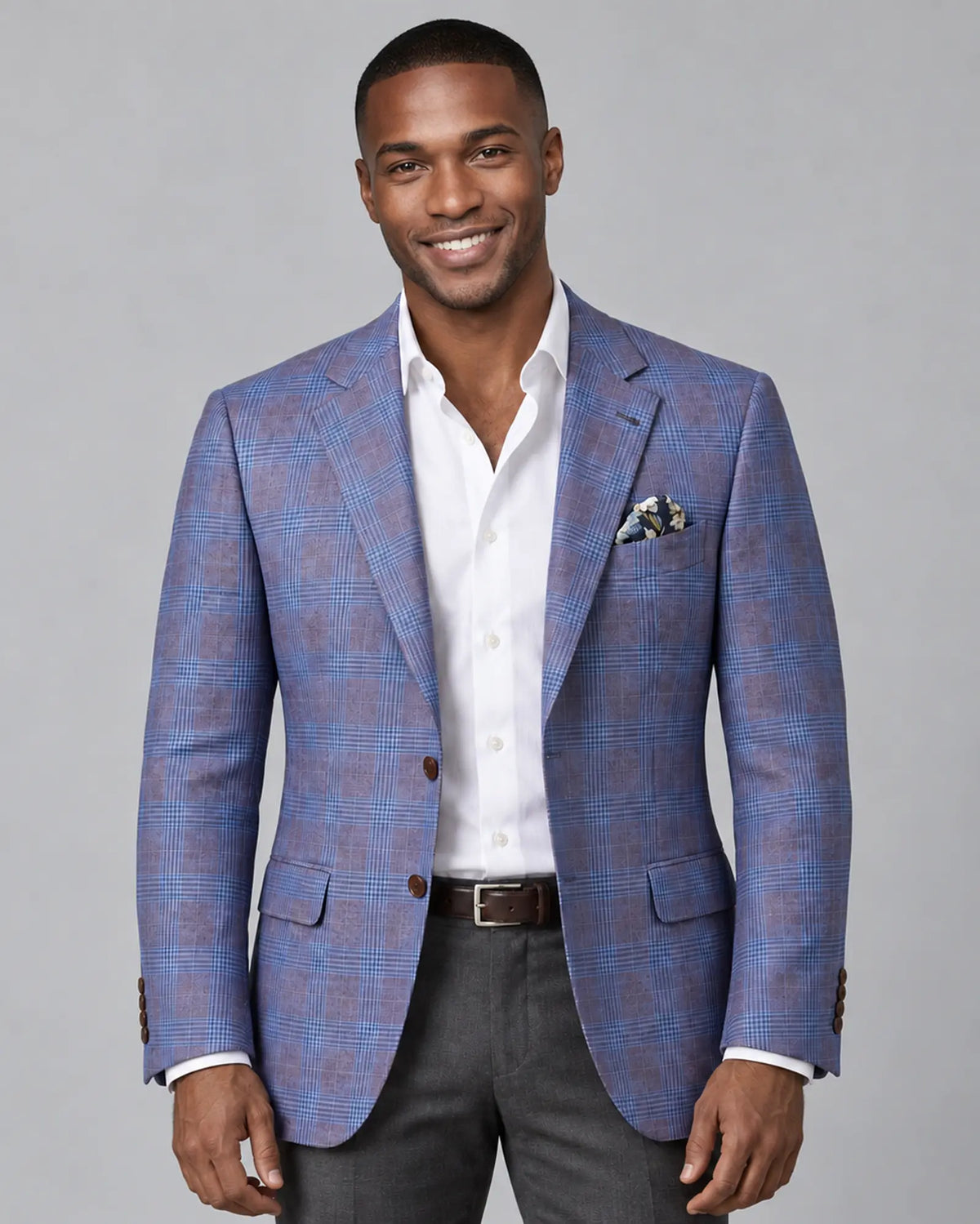 Front model view of lilac mauve with cornflower blue Glen plaid men's sport coat showing the hero front look