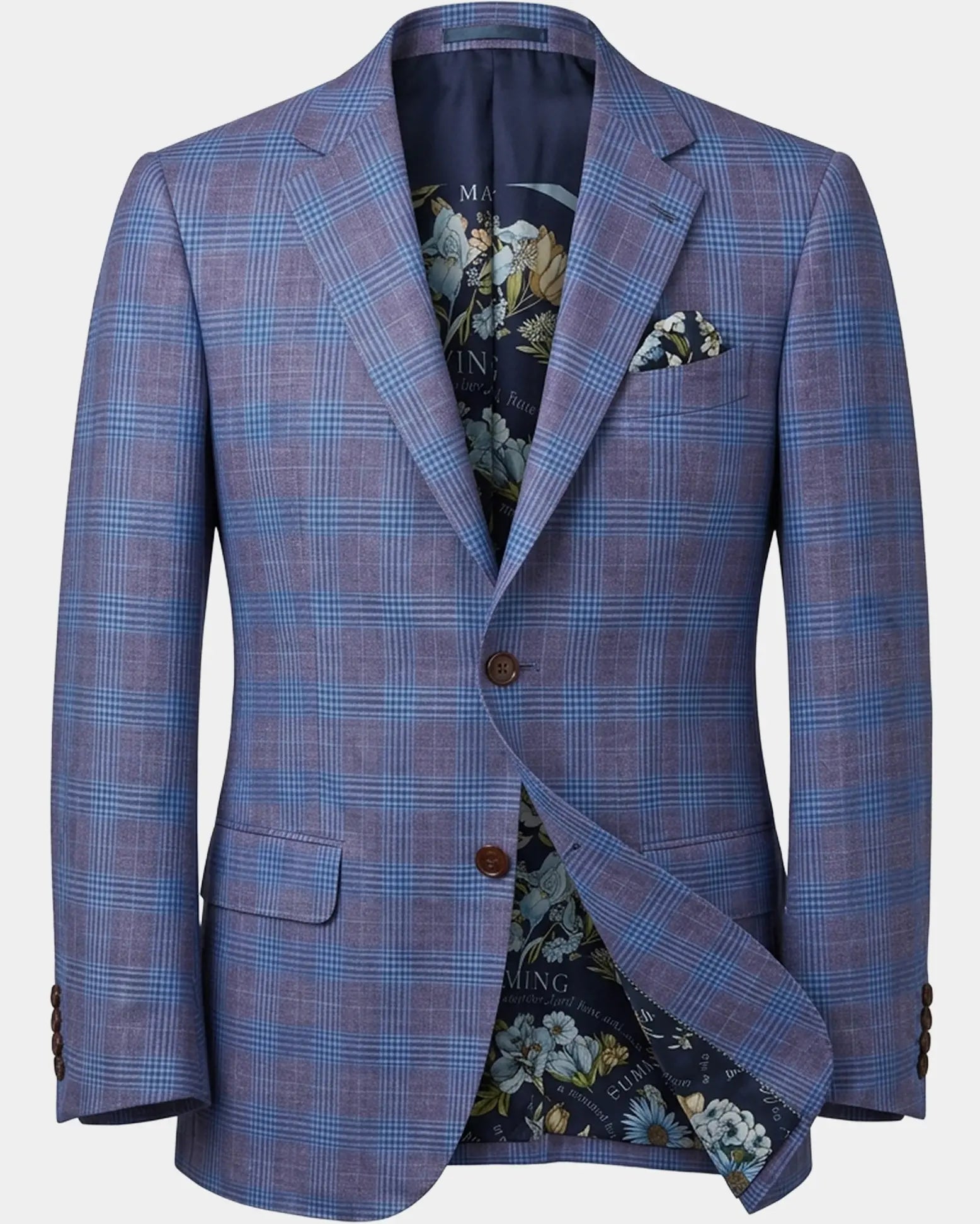 Sportcoat only image of lilac mauve with cornflower blue Glen plaid men's sport coat showing the full jacket