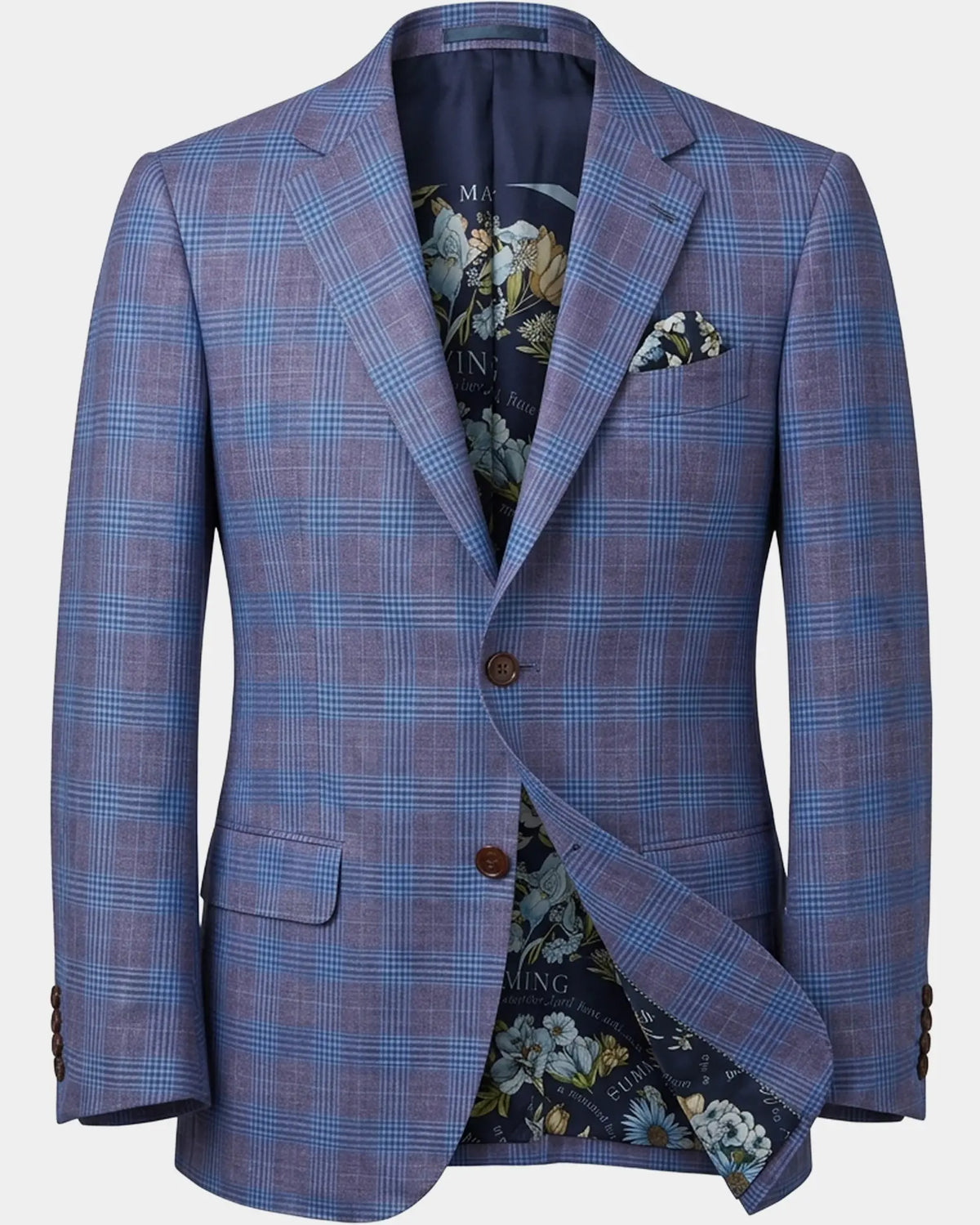 Sportcoat only image of lilac mauve with cornflower blue Glen plaid men's sport coat showing the full jacket