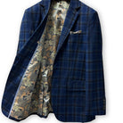 Seamstress-crafted dark blue and brown plaid suit by Westwood Hart in 100% Australian Merino wool.