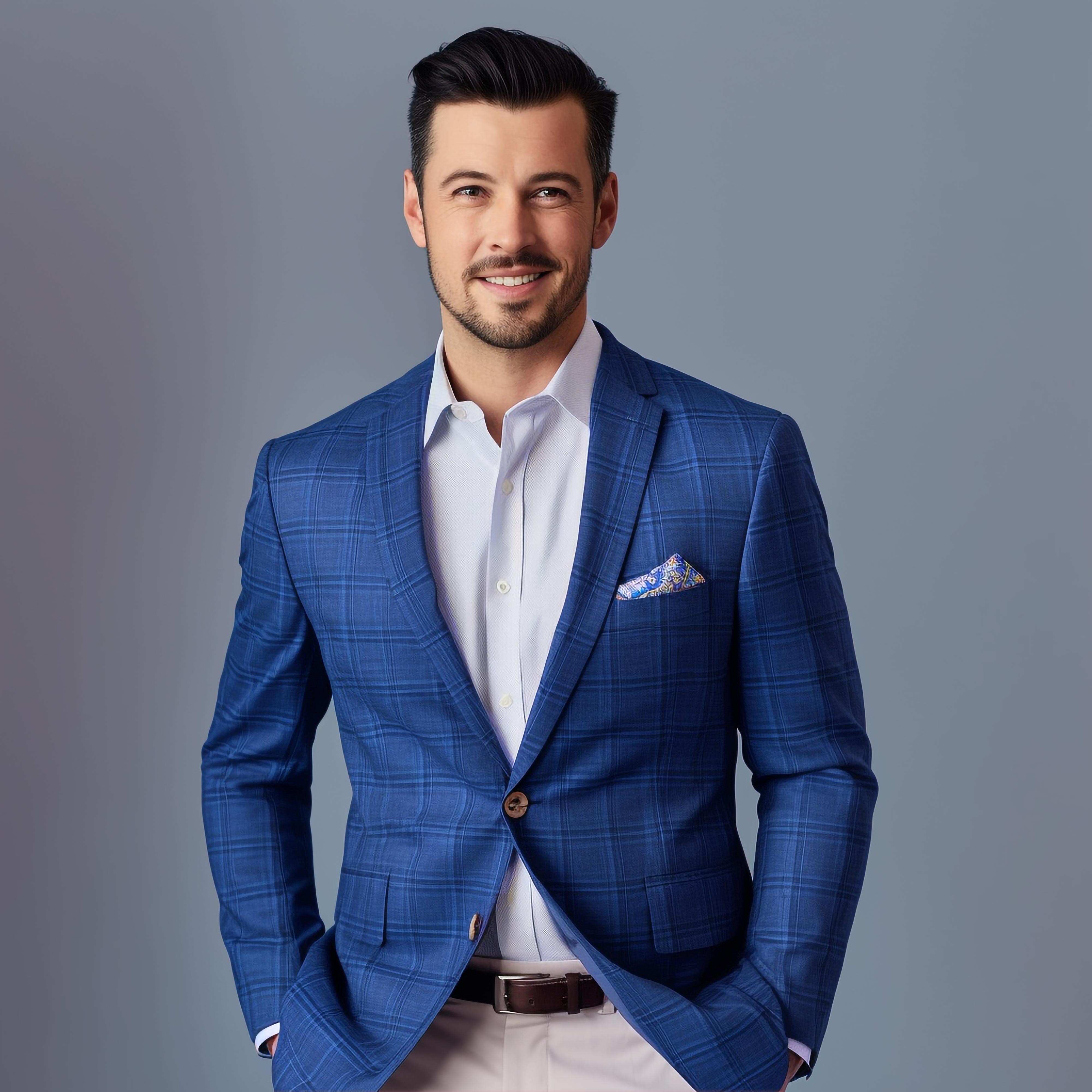 Custom tailor-made blue checkered plaid sportcoat, ideal for work or weddings.