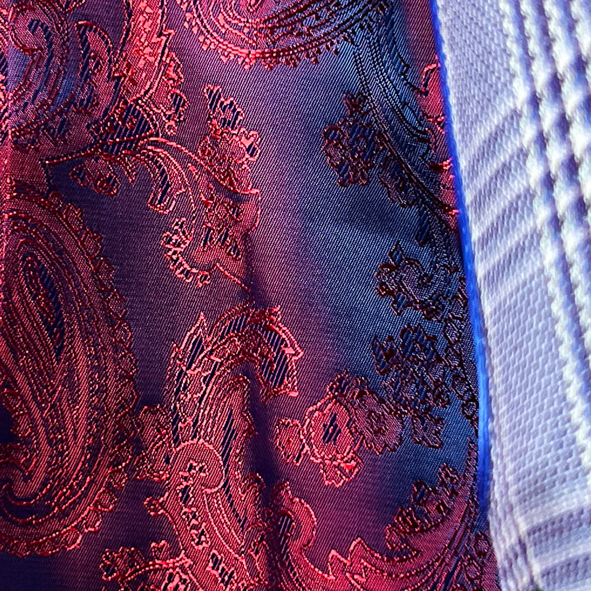 Display of red paisley silk lining while jacket is in motion