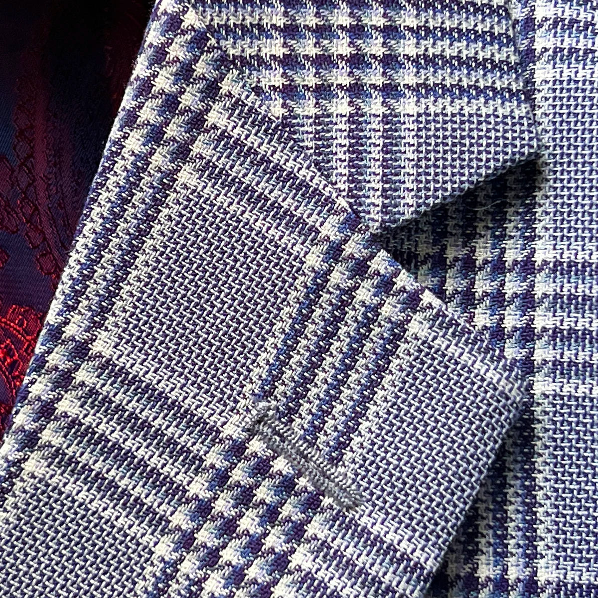 Close-up of notch lapel construction and pattern matching