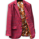 Stylish suit ideal for business casual functions, featuring rust maroon with blue windowpane.