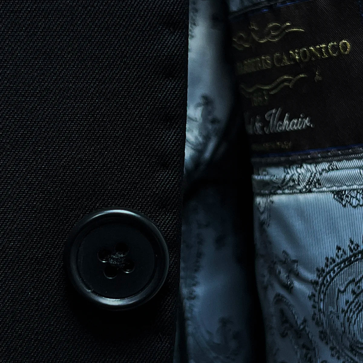 Detailed shot of the black horn buttons on a Vitale Barberis Canonico suit, showing their natural marbling and texture.