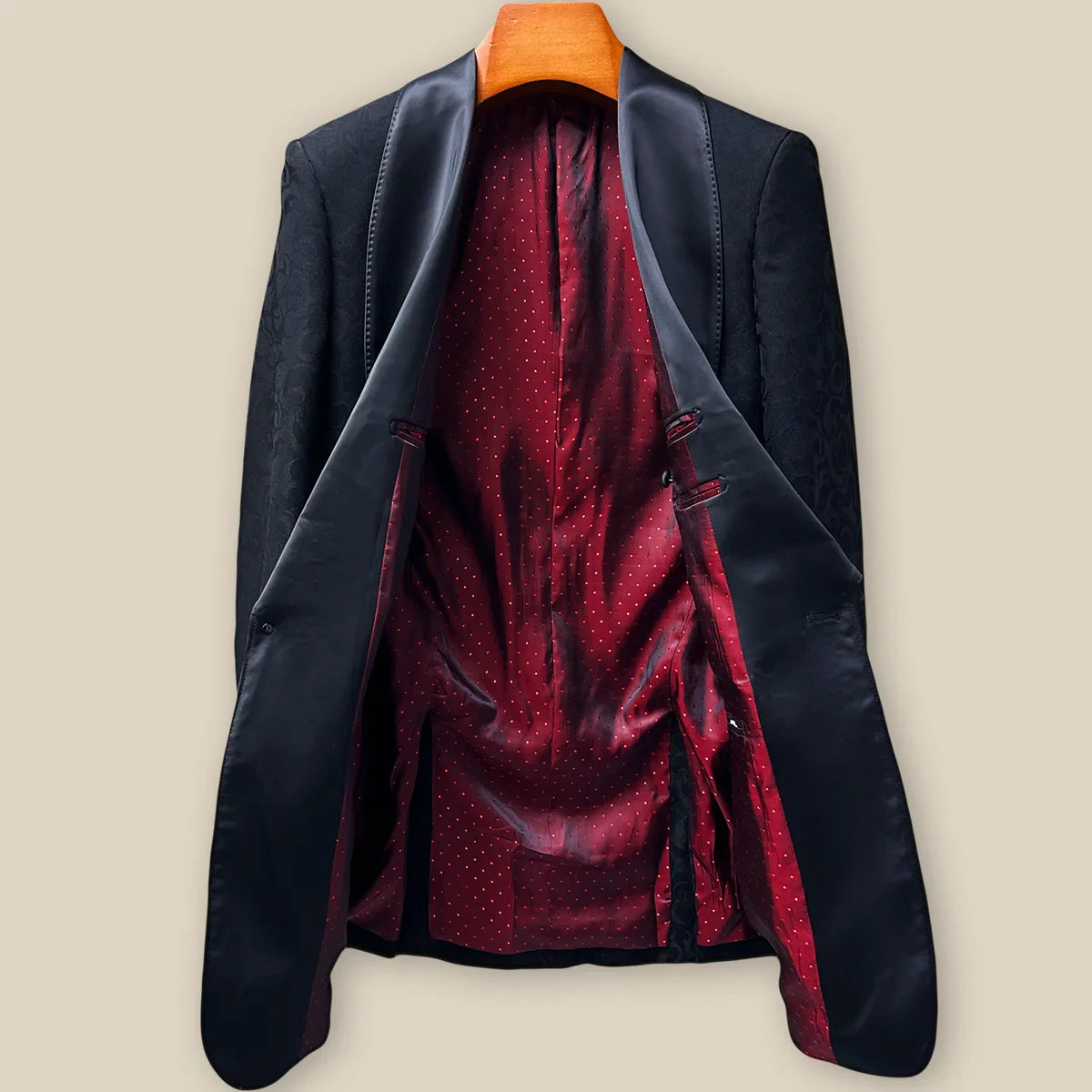 Full interior view of custom tuxedo jacket showcasing luxurious red on red polka dot lining with Westwood Hart branding