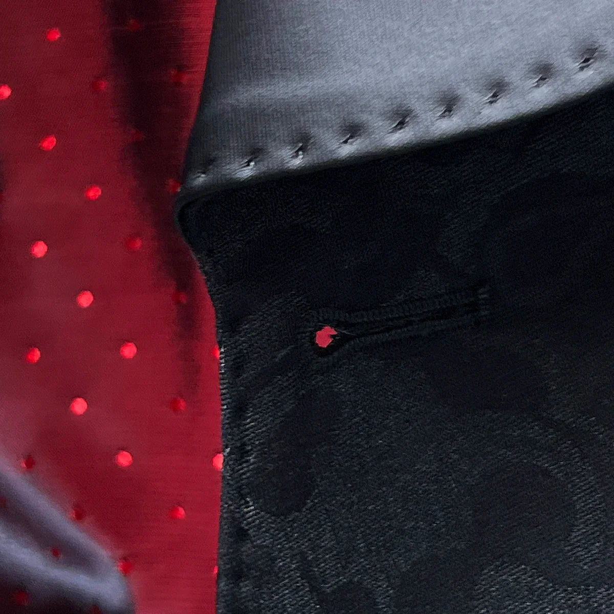 Detailed view of black self floral pattern texture showing subtle tonal floral design