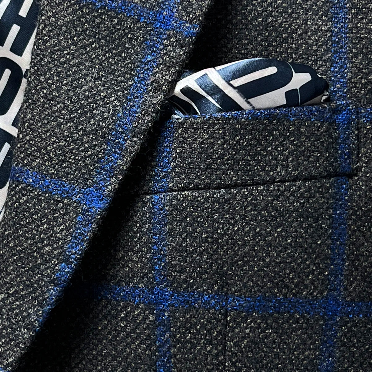 Pocket square on the Westwood Hart brown with royal blue windowpane sportcoat