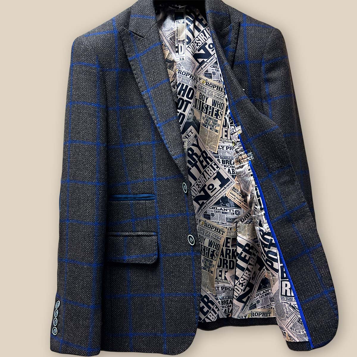 Inside left view of the Westwood Hart sportcoat, showcasing the Harry Potter newspaper theme lining and interior pocket.