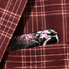 Breast pocket of burgundy plaid sport coat with built-in pocket square holder and hand-finished edges