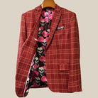 Interior right side of burgundy plaid sport coat revealing floral skulls lining and internal construction details