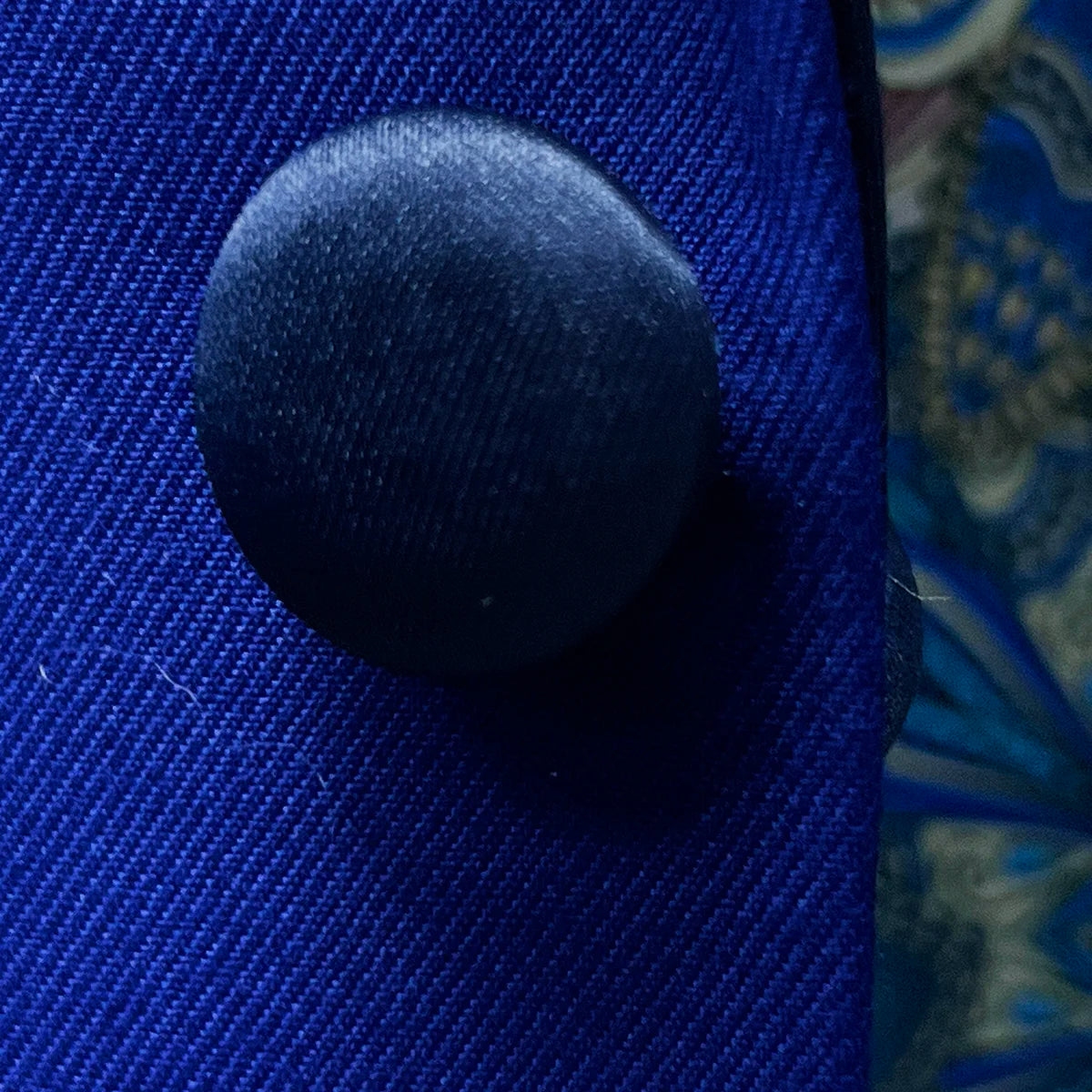 Alternative silk satin button option for the cobalt blue tuxedo, offering a more subtle and traditional formal button choice