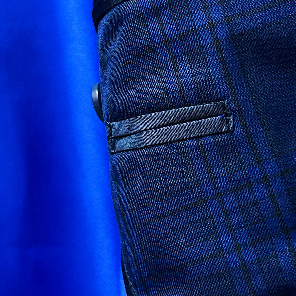 Close-up of royal blue silk bemberg lining in dark blue Westwood Hart suit jacket