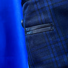 Close-up of royal blue silk bemberg lining in dark blue Westwood Hart suit jacket