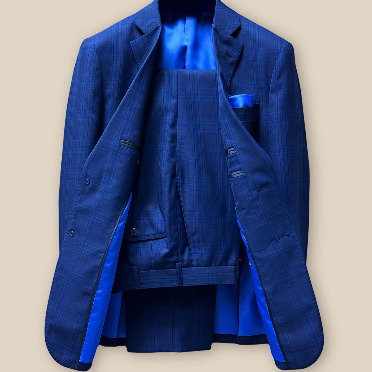 Front view of two-piece dark blue Westwood Hart suit with windowpane pattern, notch lapels, and flap pockets