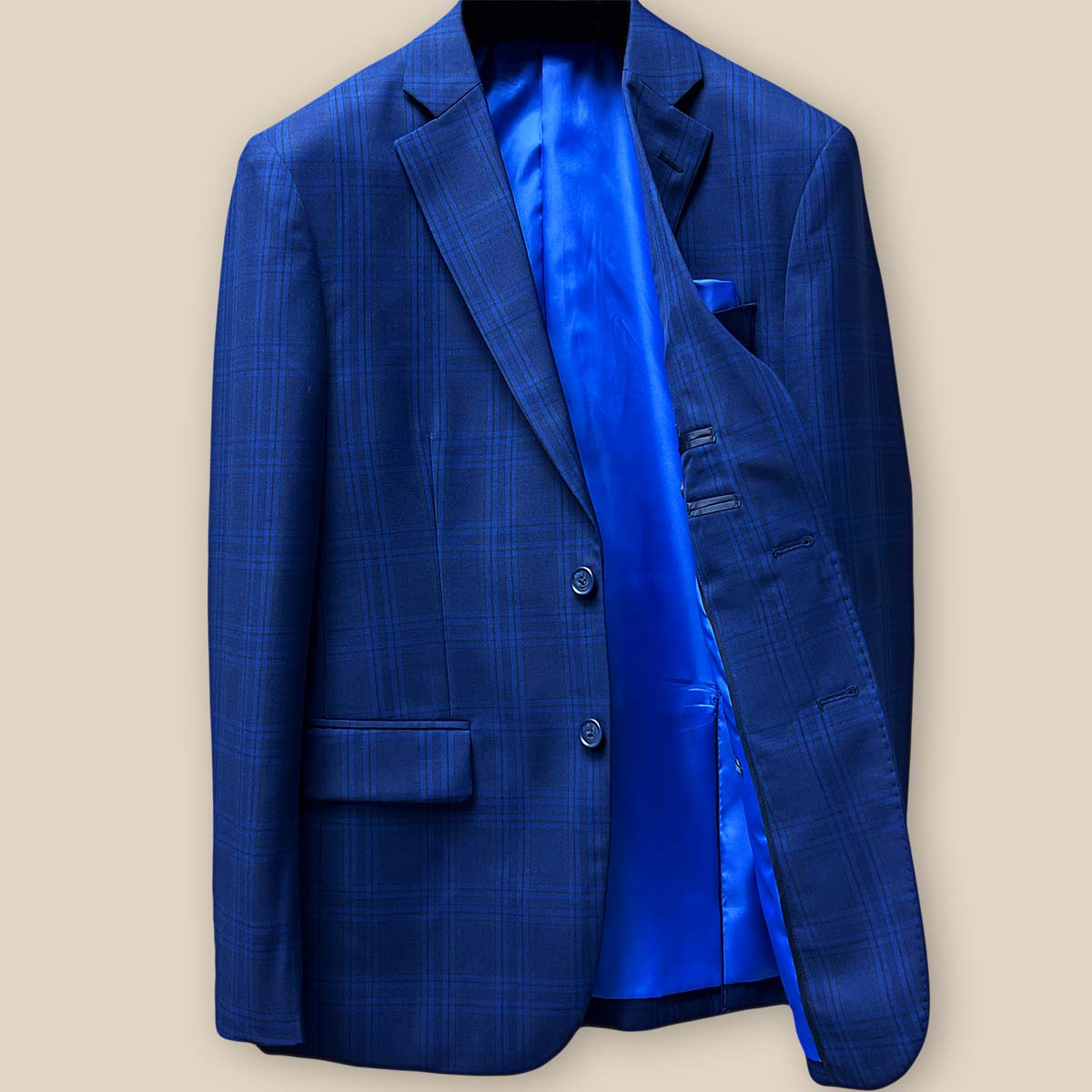 Interior view of dark blue Westwood Hart suit jacket, showcasing royal blue silk bemberg lining and left inner pocket