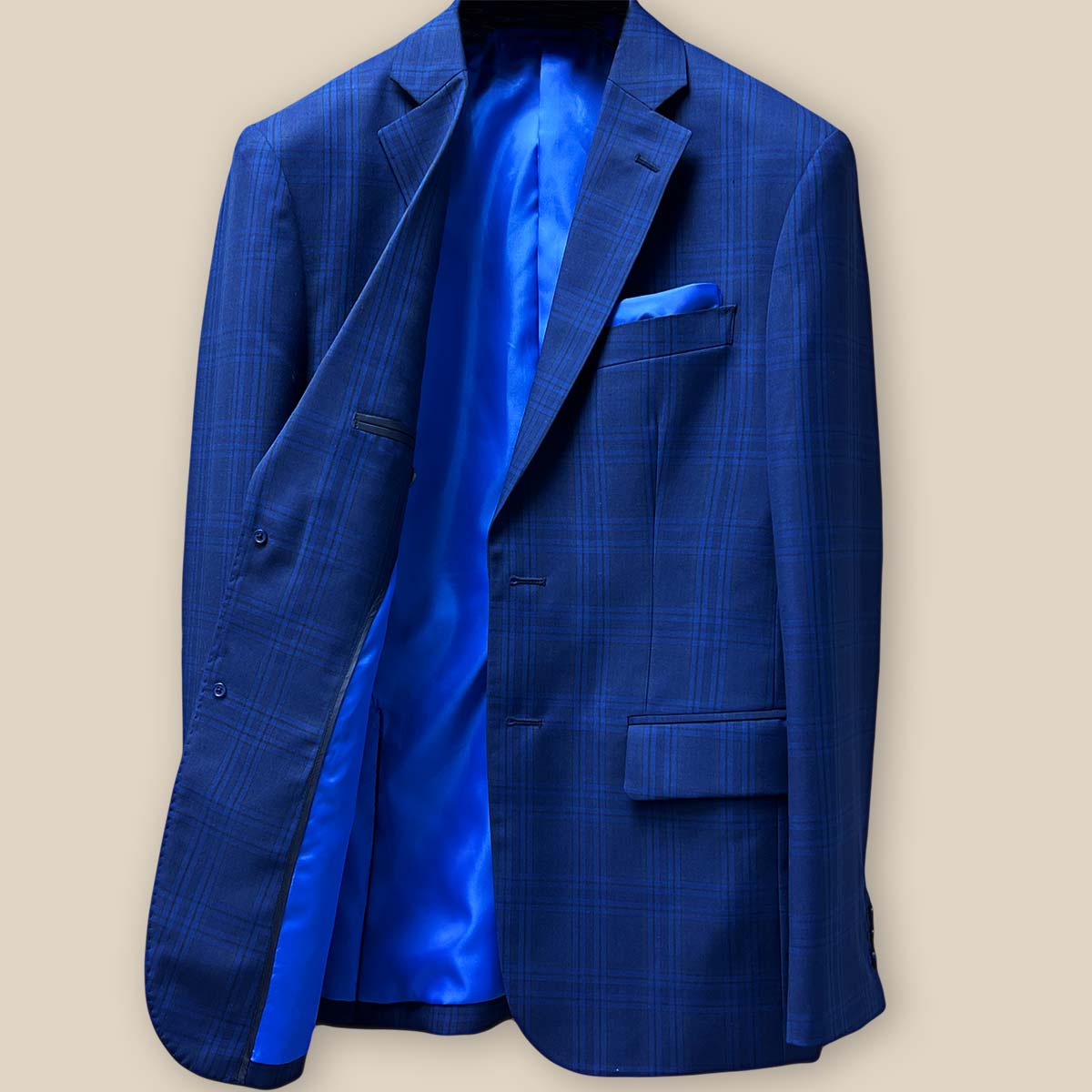 Interior right side of dark blue Westwood Hart suit jacket, showing lining details and inner pocket