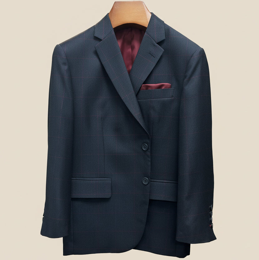 Dark gray suit jacket on a beige background