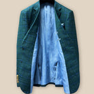 Full view of sky blue paisley lining inside dark green Westwood Hart windowpane sport coat, highlighting the contrast between exterior and interior