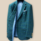 Interior view of dark green Westwood Hart windowpane sport coat, right side, showing lining details and tailoring craftsmanship