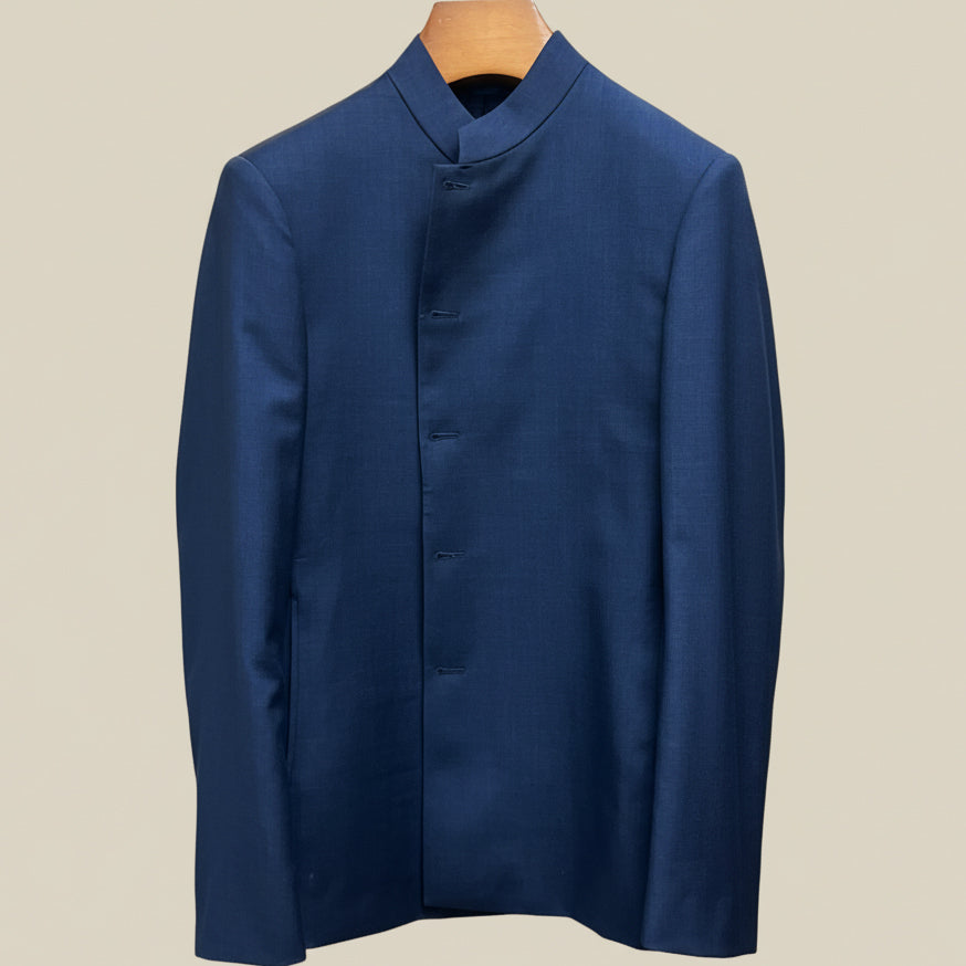 Close-up view of deep blue solid Nehru suit jacket showing marbled dark blue horn buttons with hand-finished stitching detail