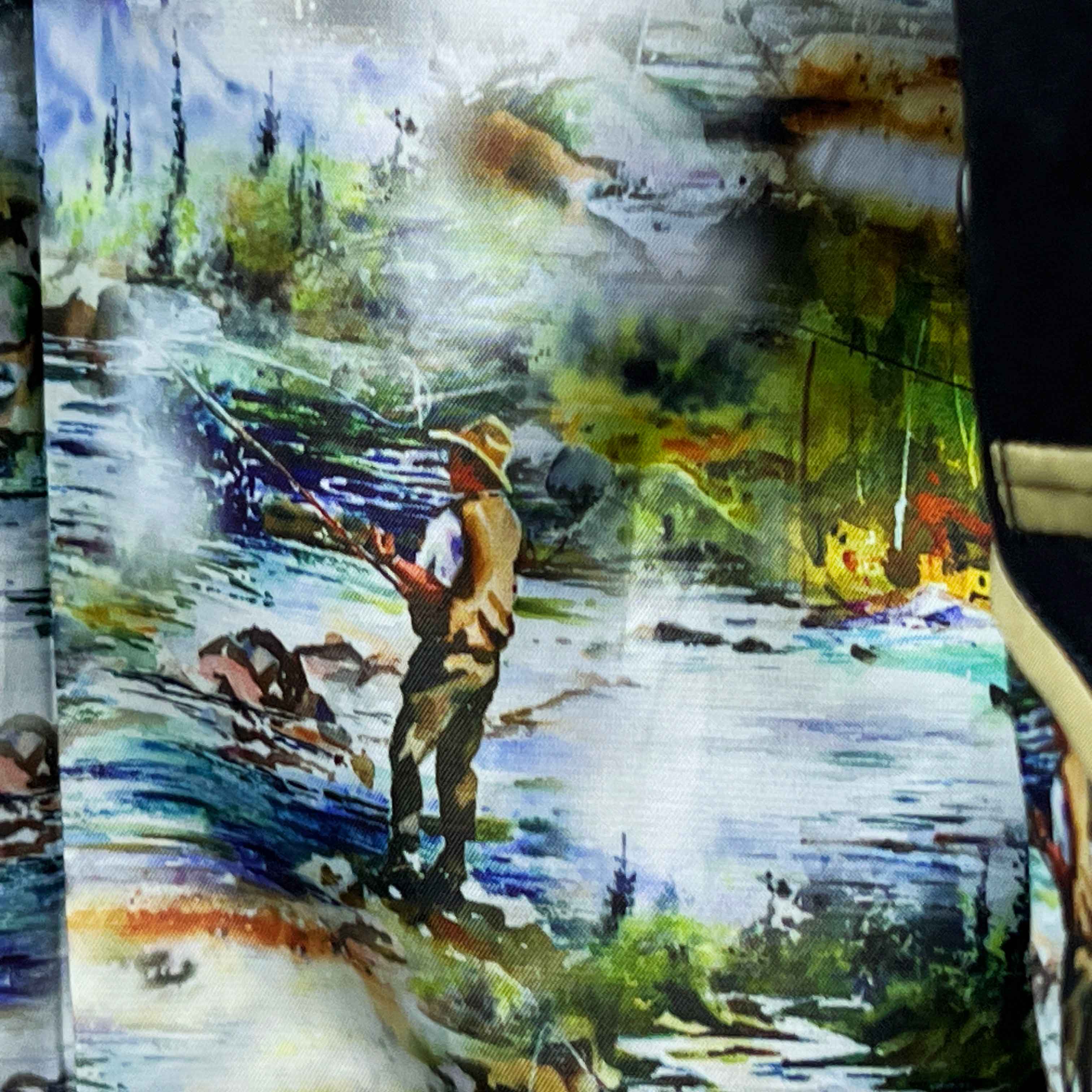 Artistic depiction of a person fishing by a river with nature elements.
