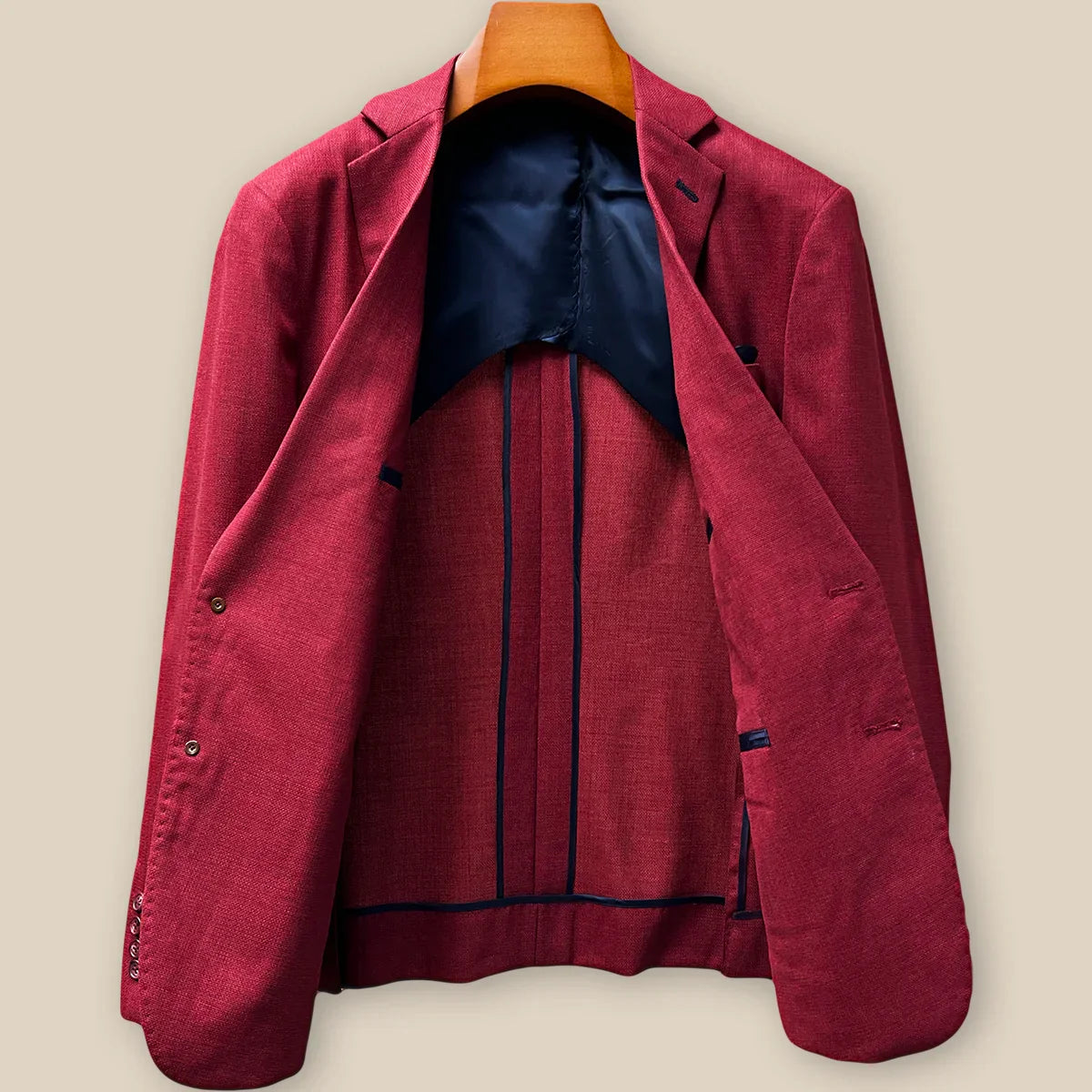 Full interior view of custom sport coat jacket showcasing luxurious navy blue lining with Westwood Hart branding