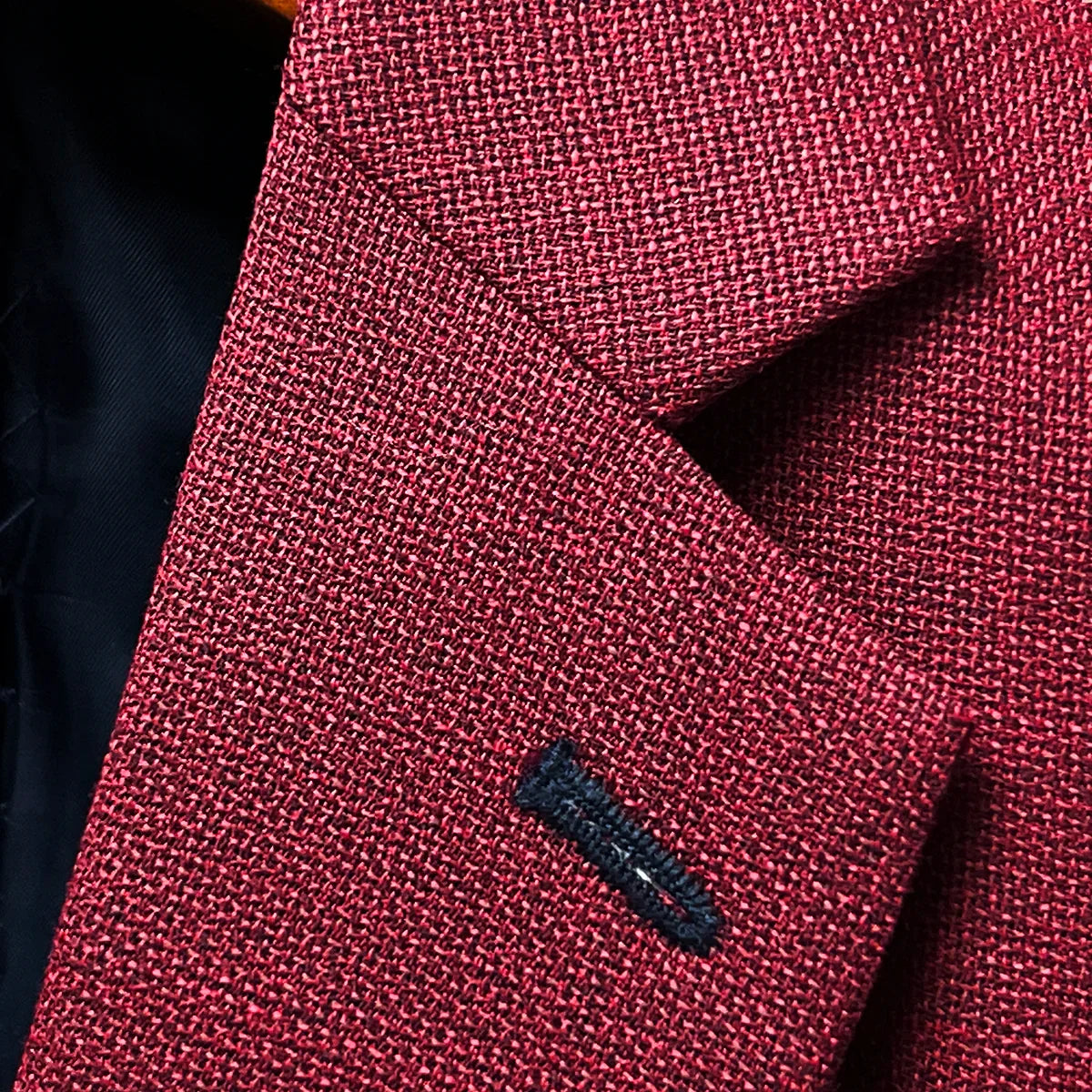 Classic notch lapel detail on deep red basketweave sport coat jacket showing hand pick stitching and basketweave texture