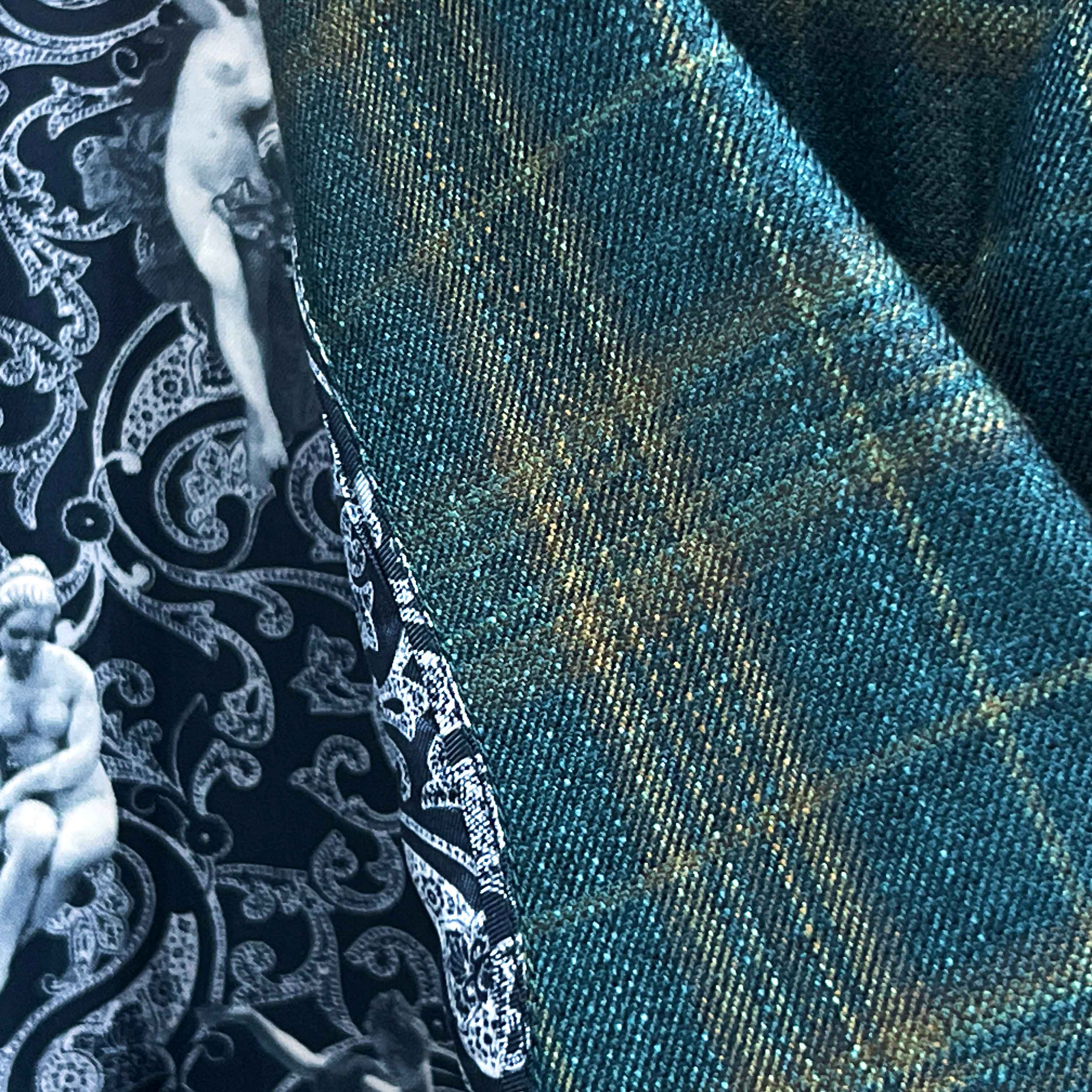 Close-up of premium bamboo fabric texture showing deep teal green multi check plaid pattern weave