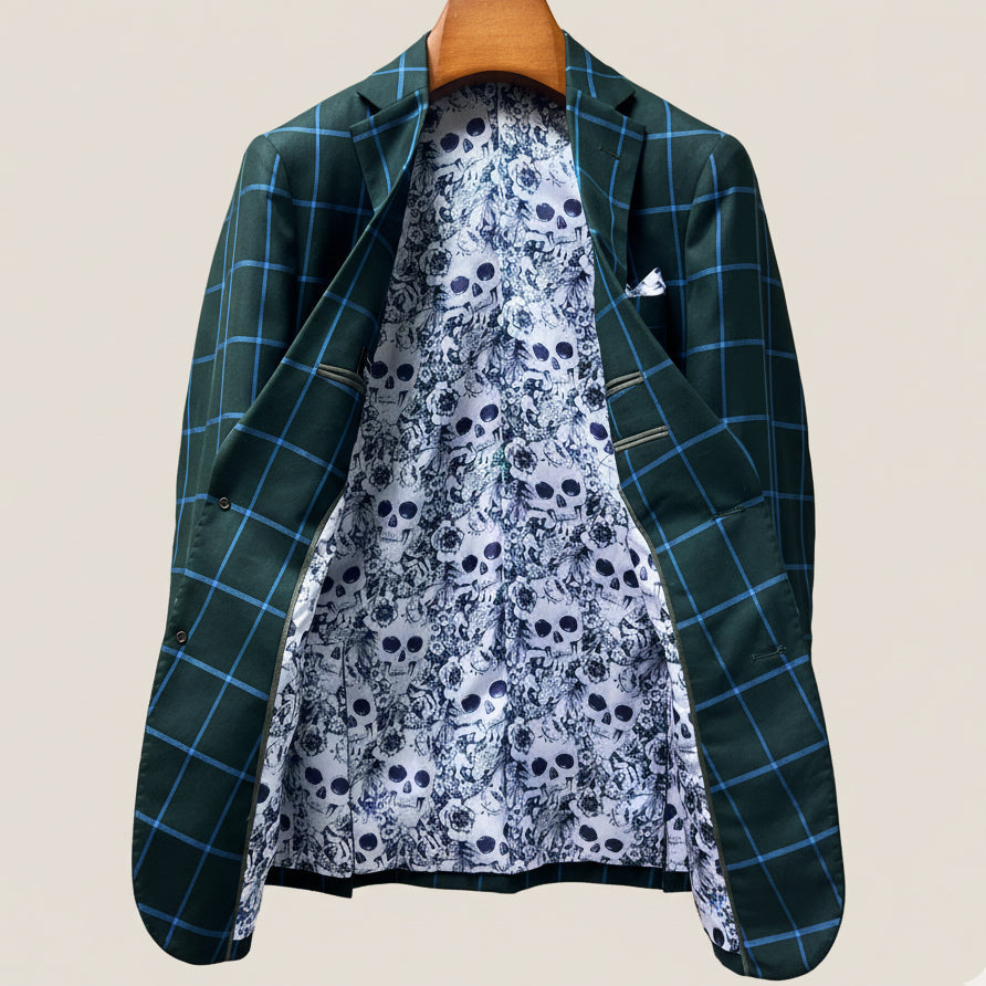 Full interior view of custom sport coat showcasing luxurious white and light blue floral and skull pattern lining with Westwood Hart branding