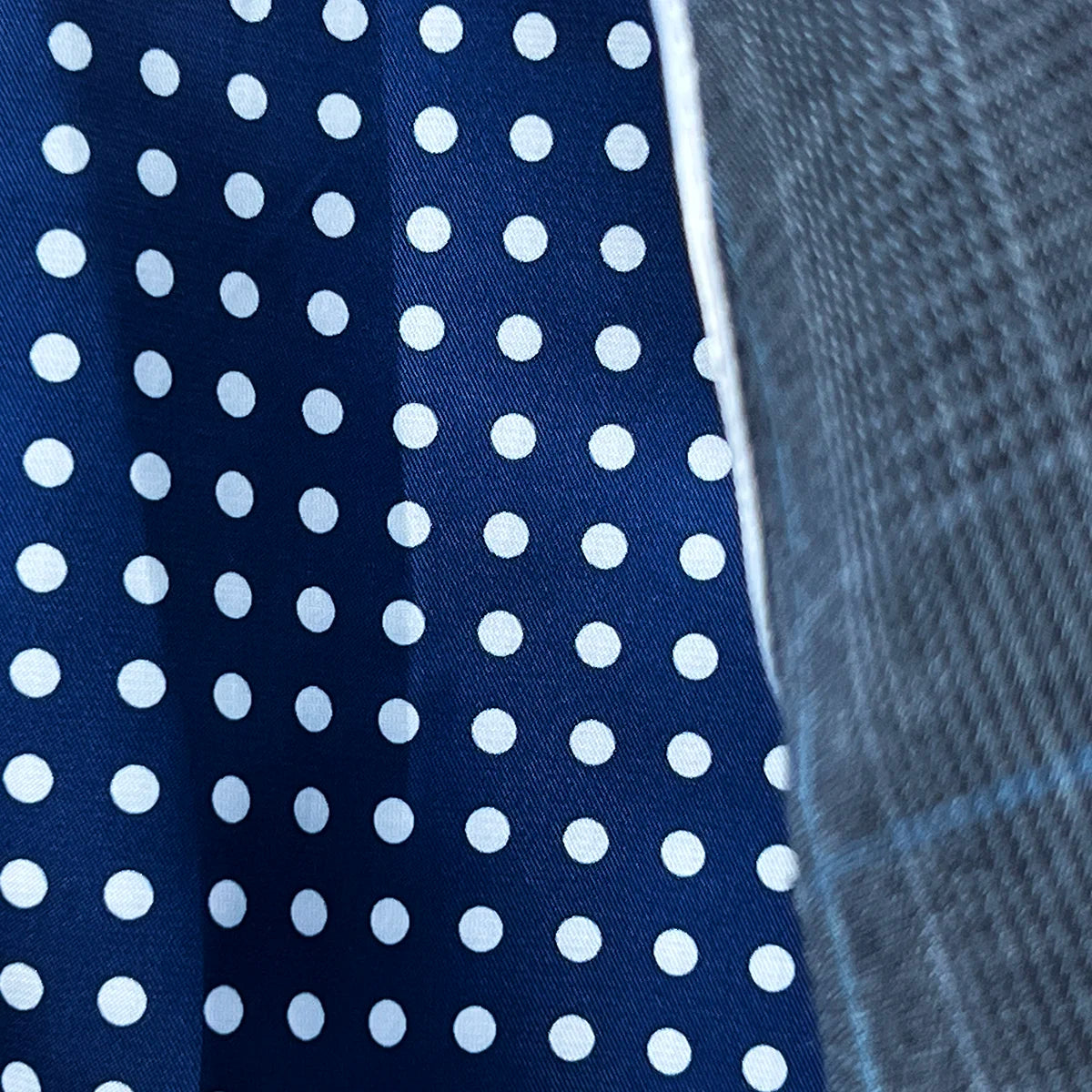 Detail shot of blue and white polka dot lining texture