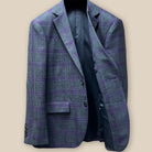 Interior view of left side of custom grey plaid sport coat showing dark grey Bemberg silk lining