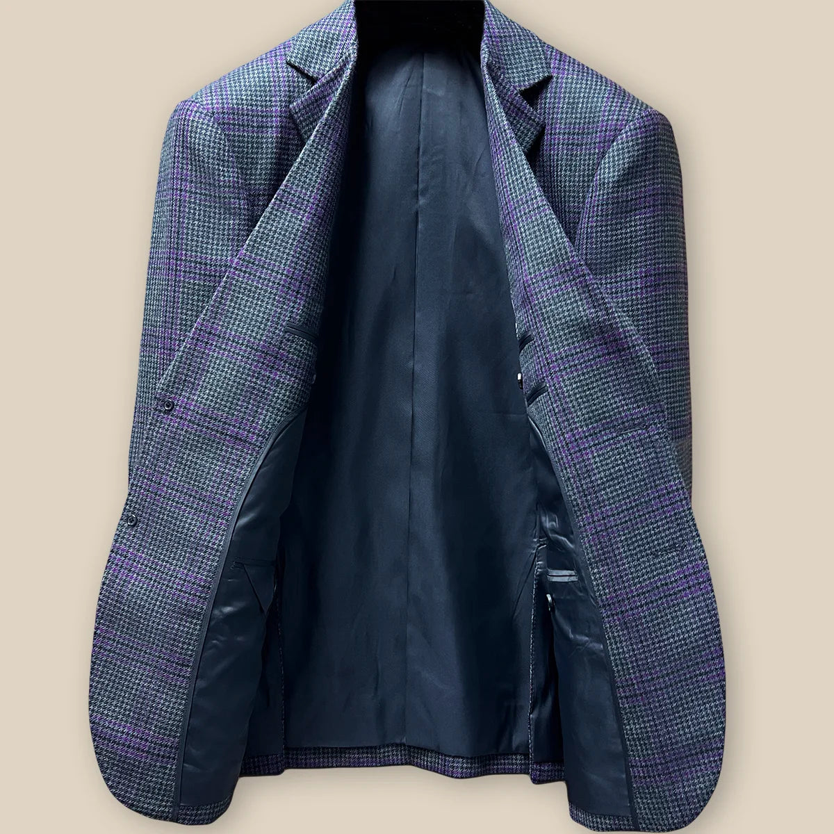 Full interior view of custom sport coat showcasing luxurious dark grey Bemberg silk lining