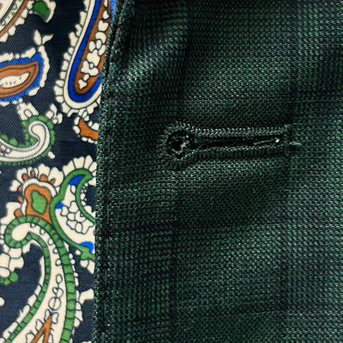 Detailed macro shot of hand-finished buttonhole stitching on hunter green checkered sport coat with black contrast thread