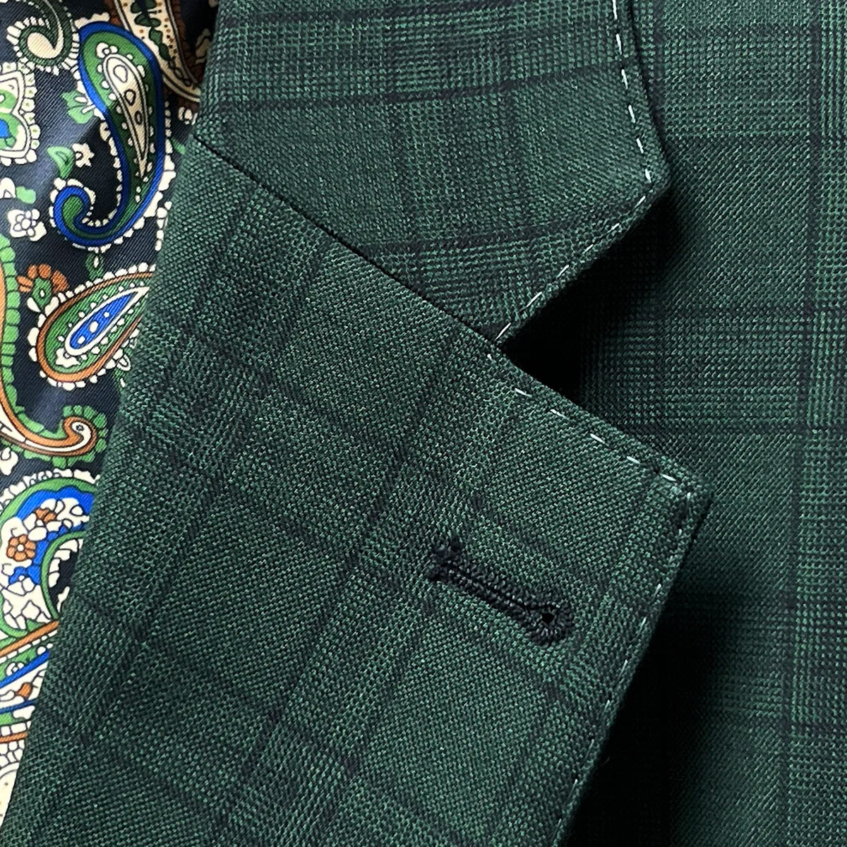 Classic notch lapel detail on hunter green checkered sport coat jacket showing hand pick stitching and black check pattern