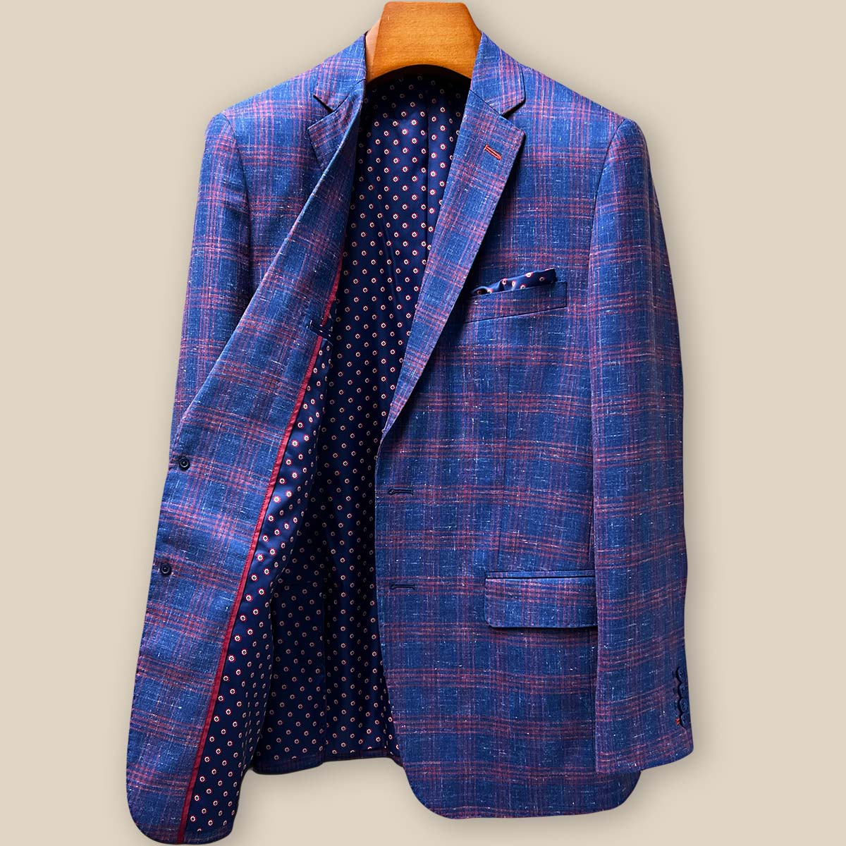 Interior right side view highlighting internal pocket construction, lining quality, and craftsmanship details of the custom tailored sport coat