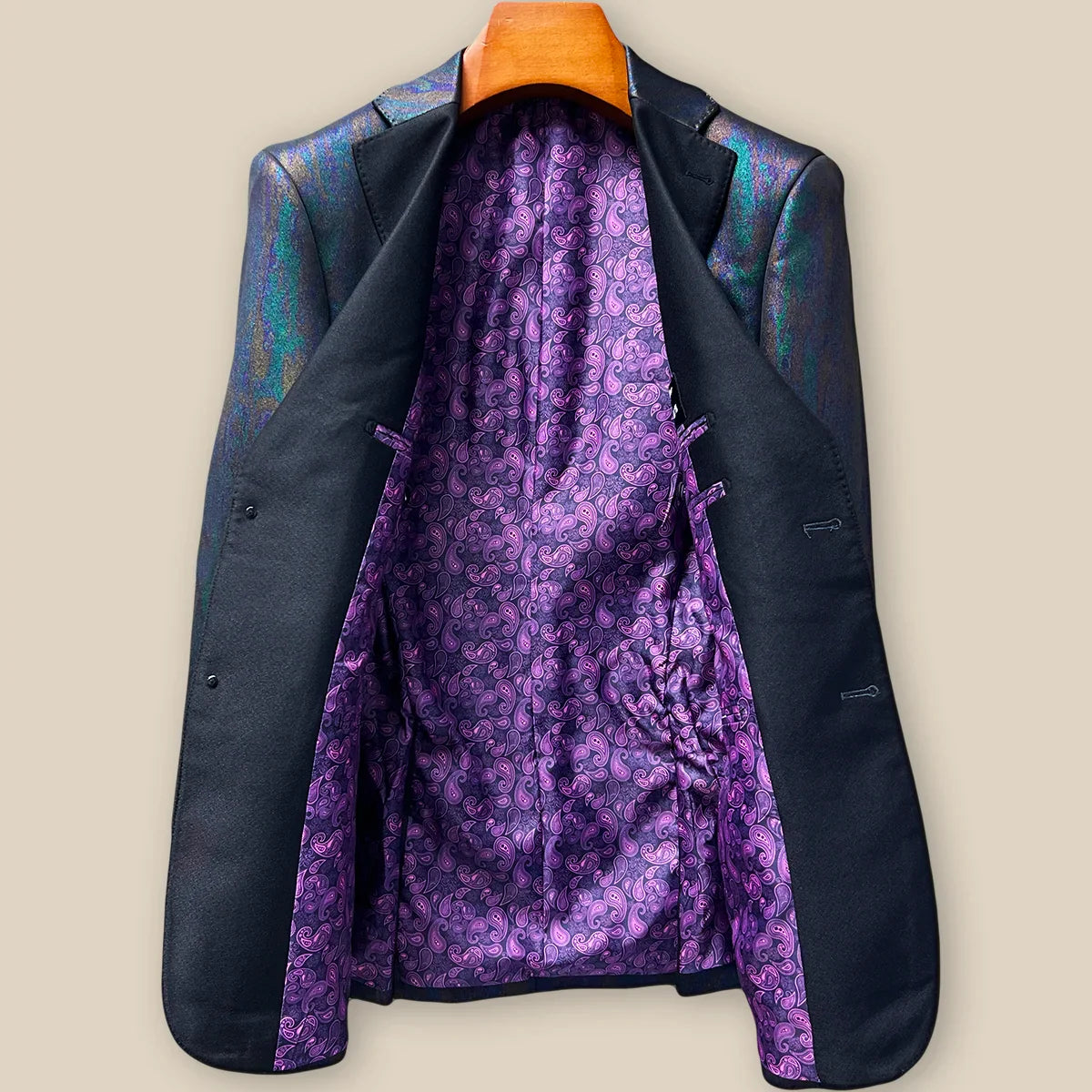Full interior view of custom tuxedo jacket showcasing luxurious purple paisley lining with Westwood Hart branding