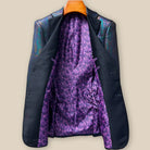 Full interior view of custom tuxedo jacket showcasing luxurious purple paisley lining with Westwood Hart branding