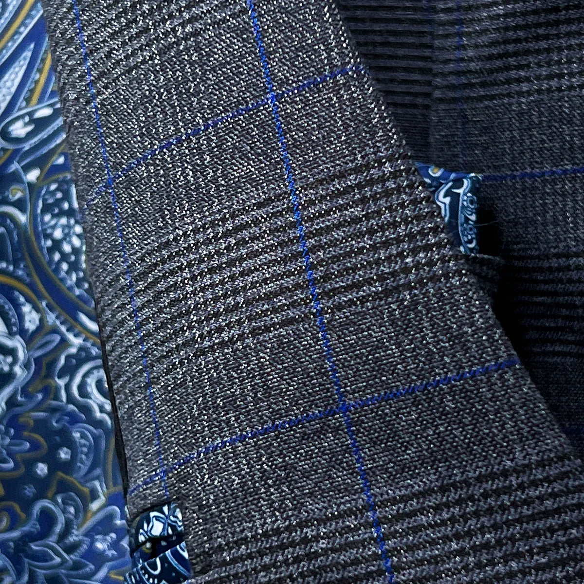 Detailed view of the lining material showcasing the premium quality of the breathable fabric used in this custom tailored suit