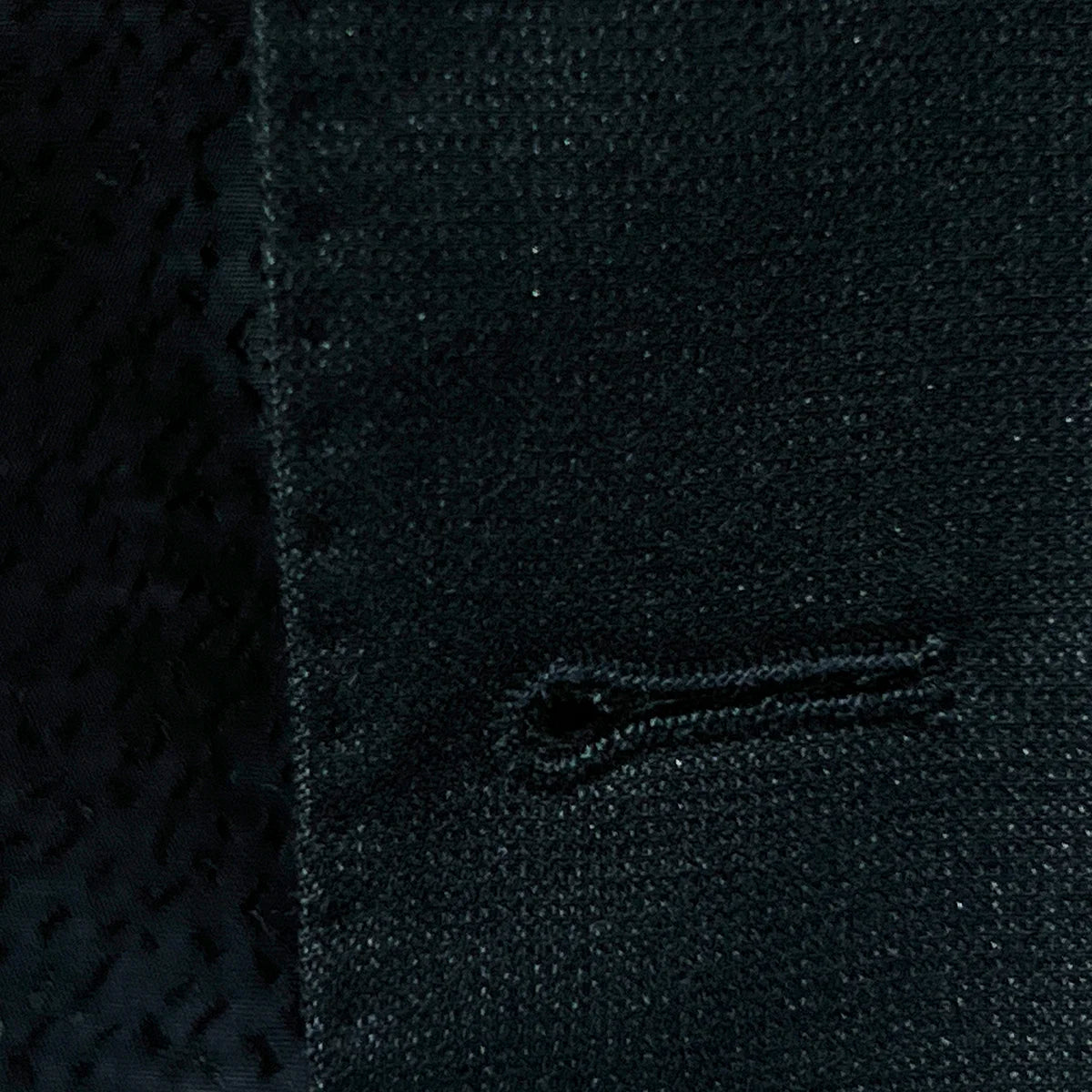 Intricate stitching detail on the buttonholes of the westwood hart men's shiny black glitter tuxedo, elevating this black tie formalwear piece.