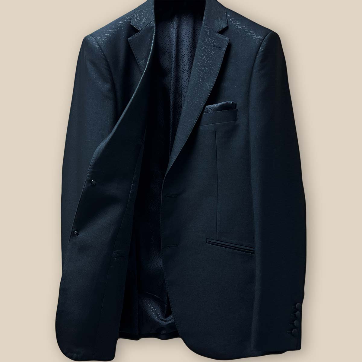 Interior right side view of the westwood hart men's shiny black glitter tuxedo jacket, showcasing formalwear perfection.