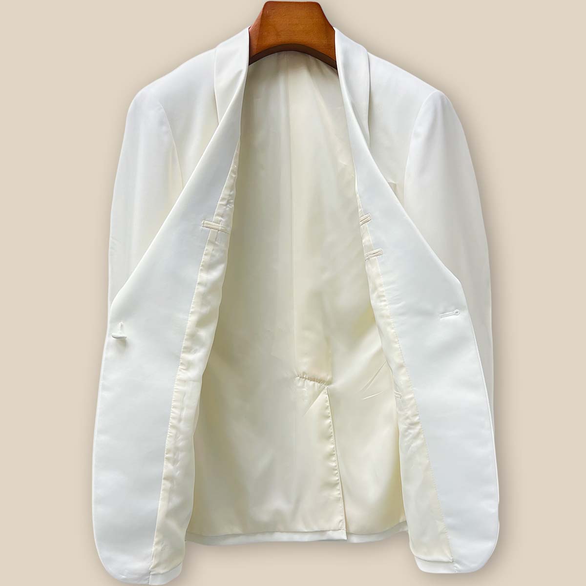 Full interior view of the Westwood Hart dinner jacket showcasing the premium off-white bemberg silk lining and impeccable interior construction