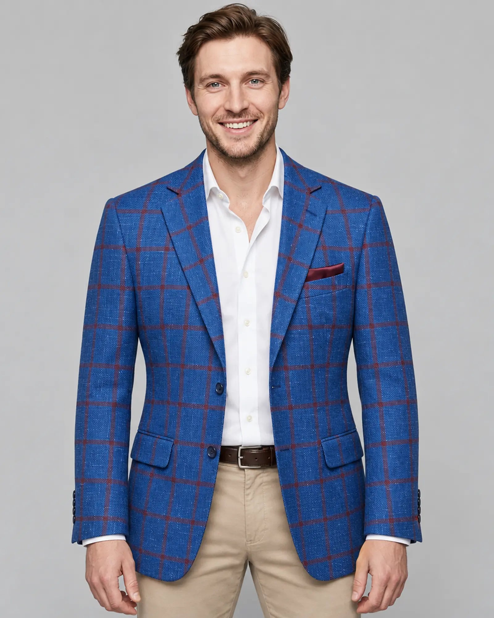 Front model view of bright royal blue windowpane men's sport coat showing the full front styling