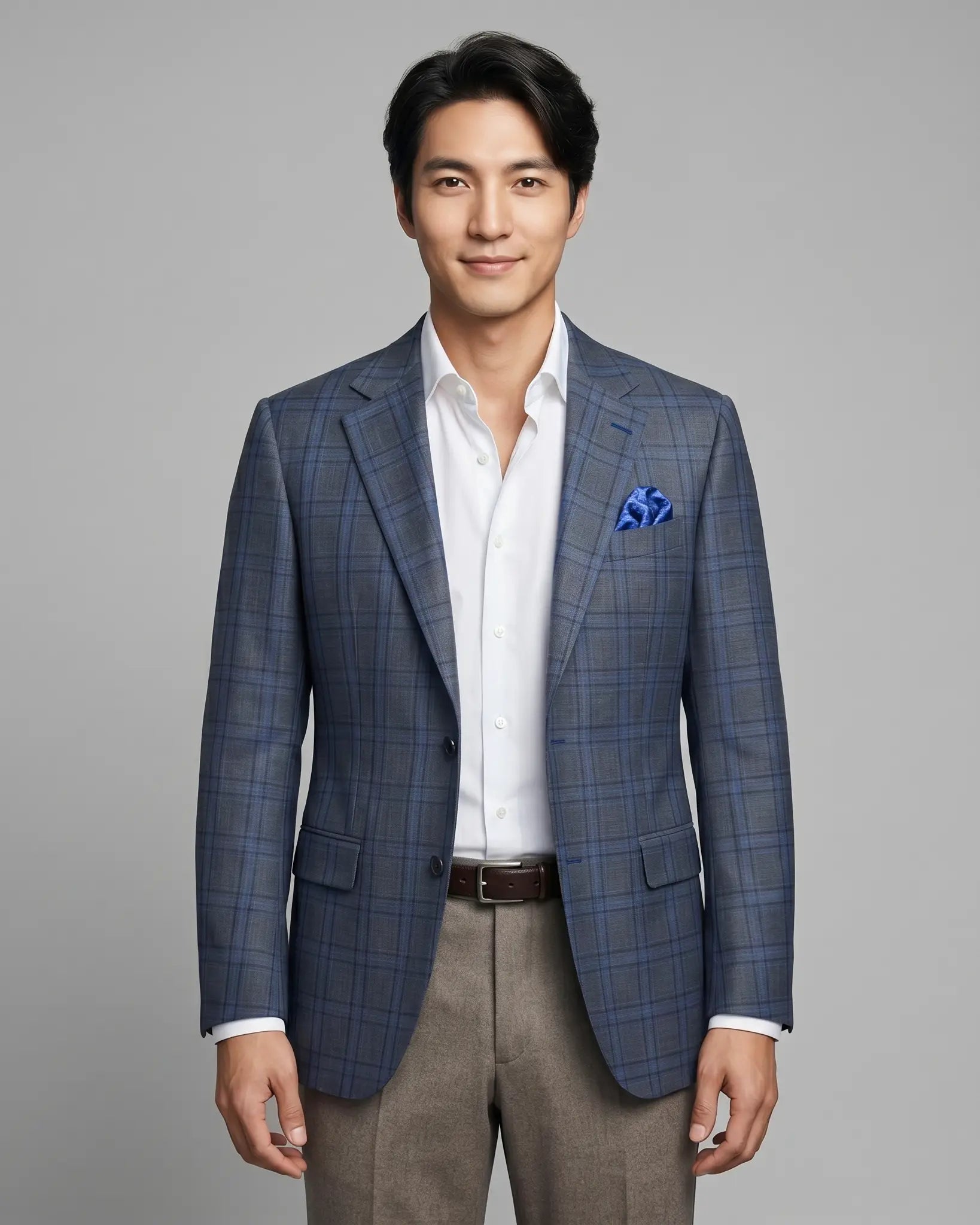 Front model view of charcoal grey royal blue windowpane men's sport coat showing the full front silhouette