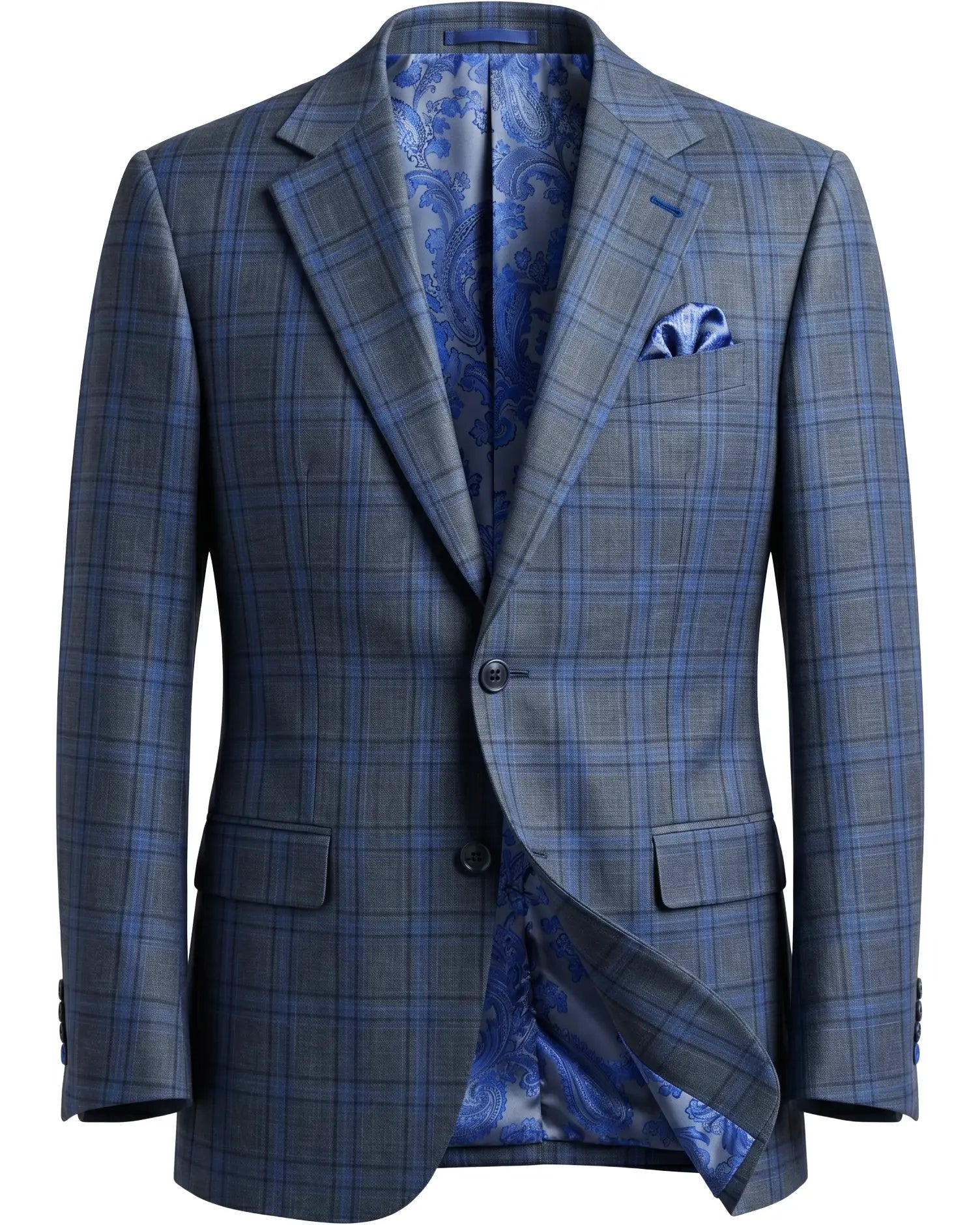 Ghost mannequin image of charcoal grey royal blue windowpane men's sport coat showing construction