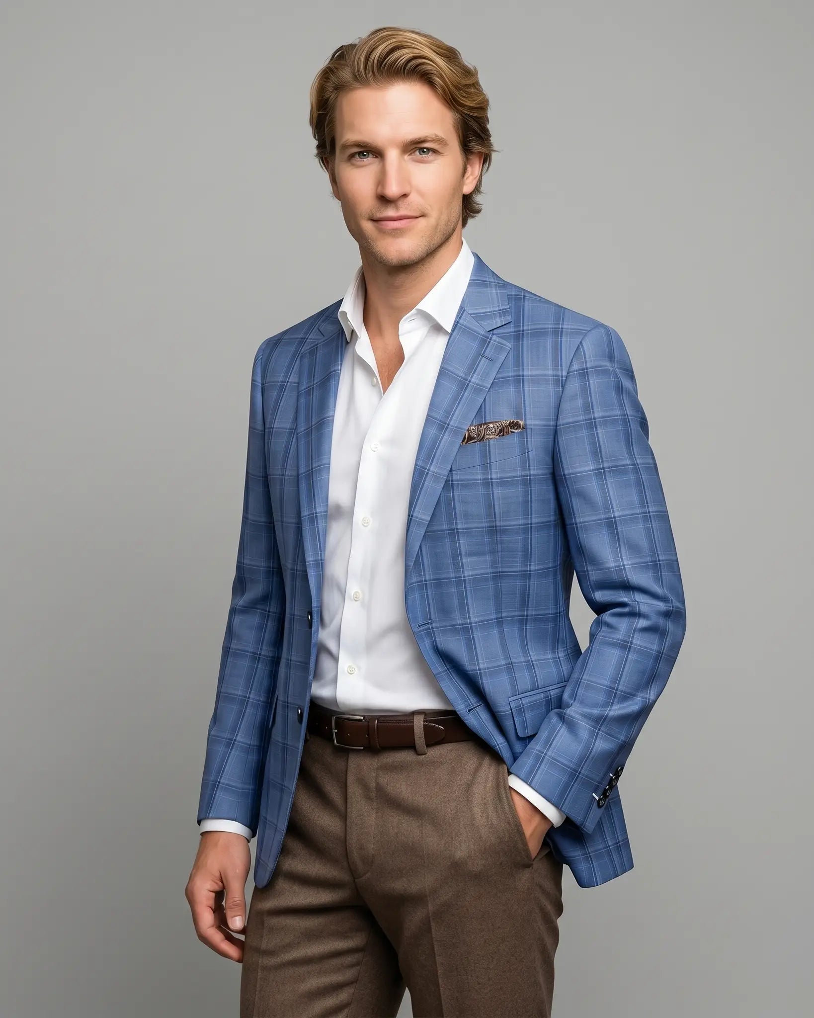 Side view model image of Cornflower Blue Windowpane men's sport coat showing the angled editorial profile